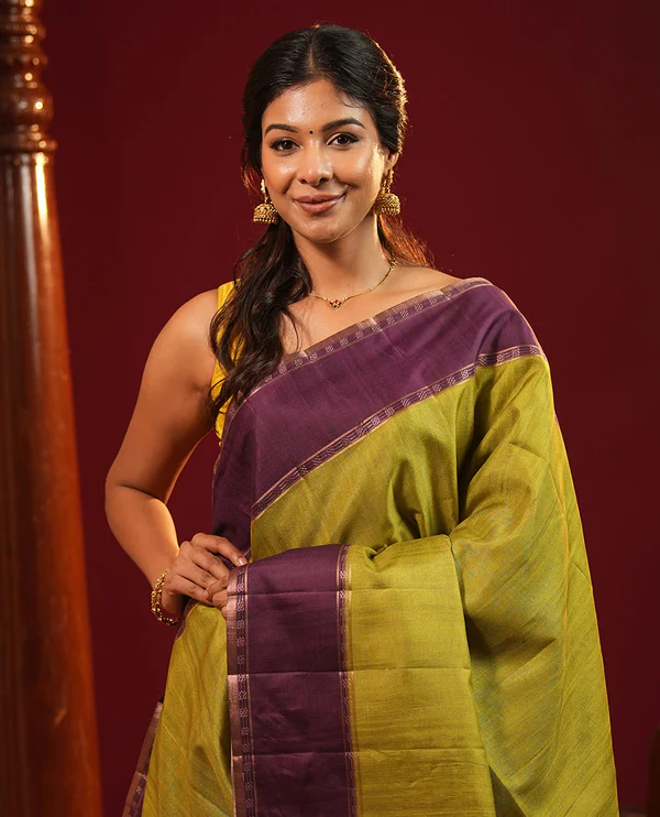Olive Green Plain Semi Tussa Silk Saree